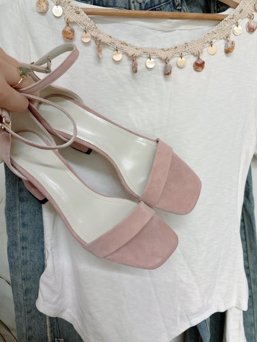 Pink Suede Square Toe Block Heel Sandals – Fits 7.5–8